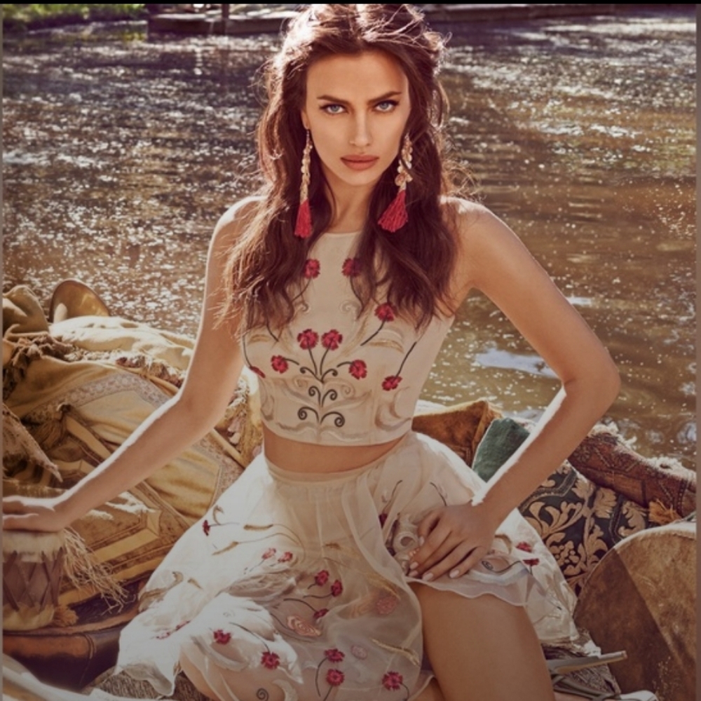 Bebe Embroidered Crop top and skirt 2 piece set